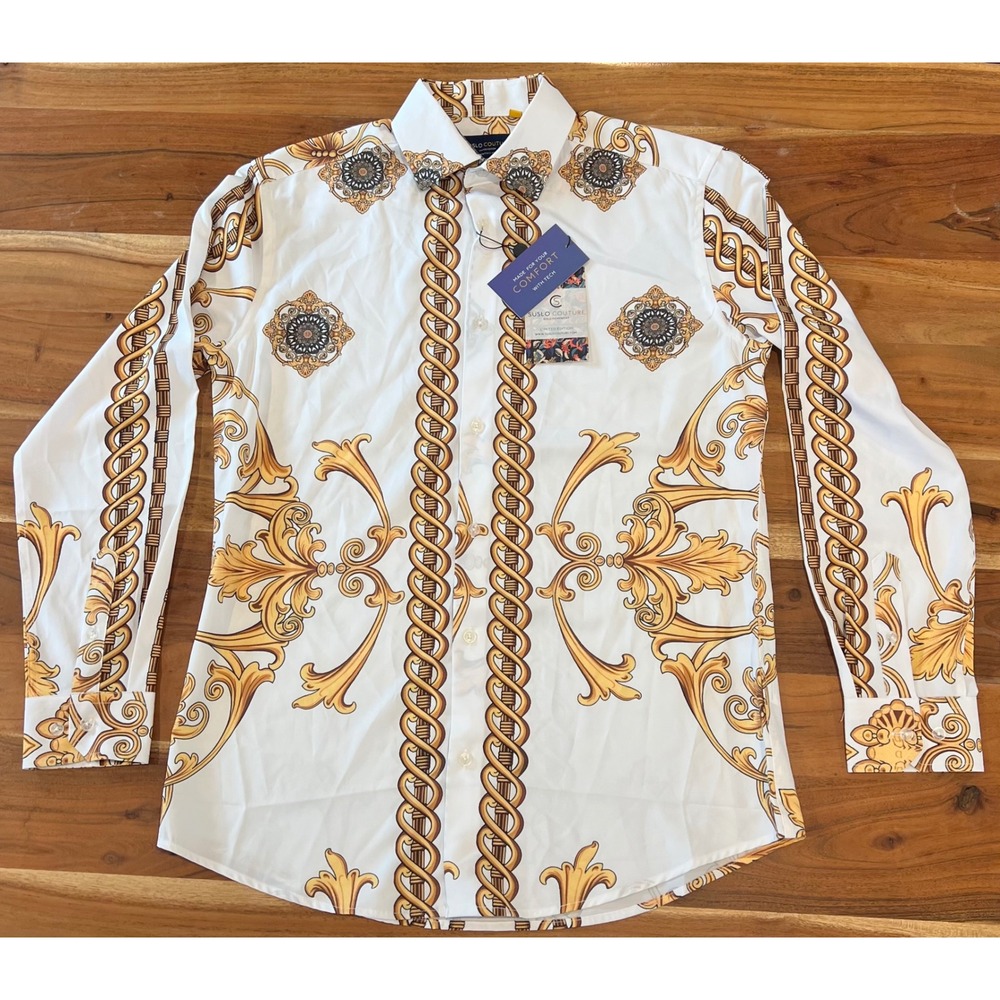 Suslo Couture Mens Slim Fit Baroque Chain Print Shirt White Gold SC702-1 M NEW